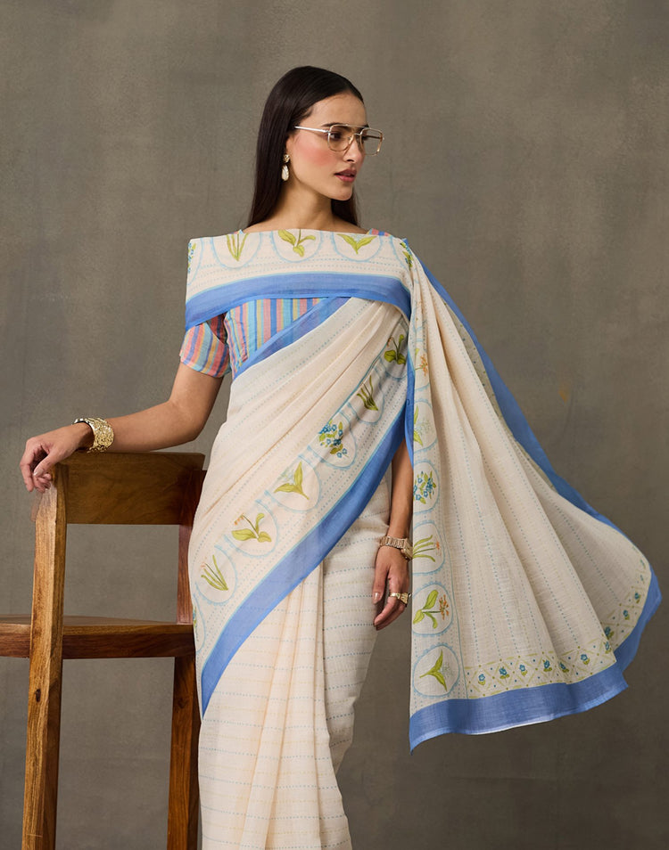 Cream Linen Printed Saree