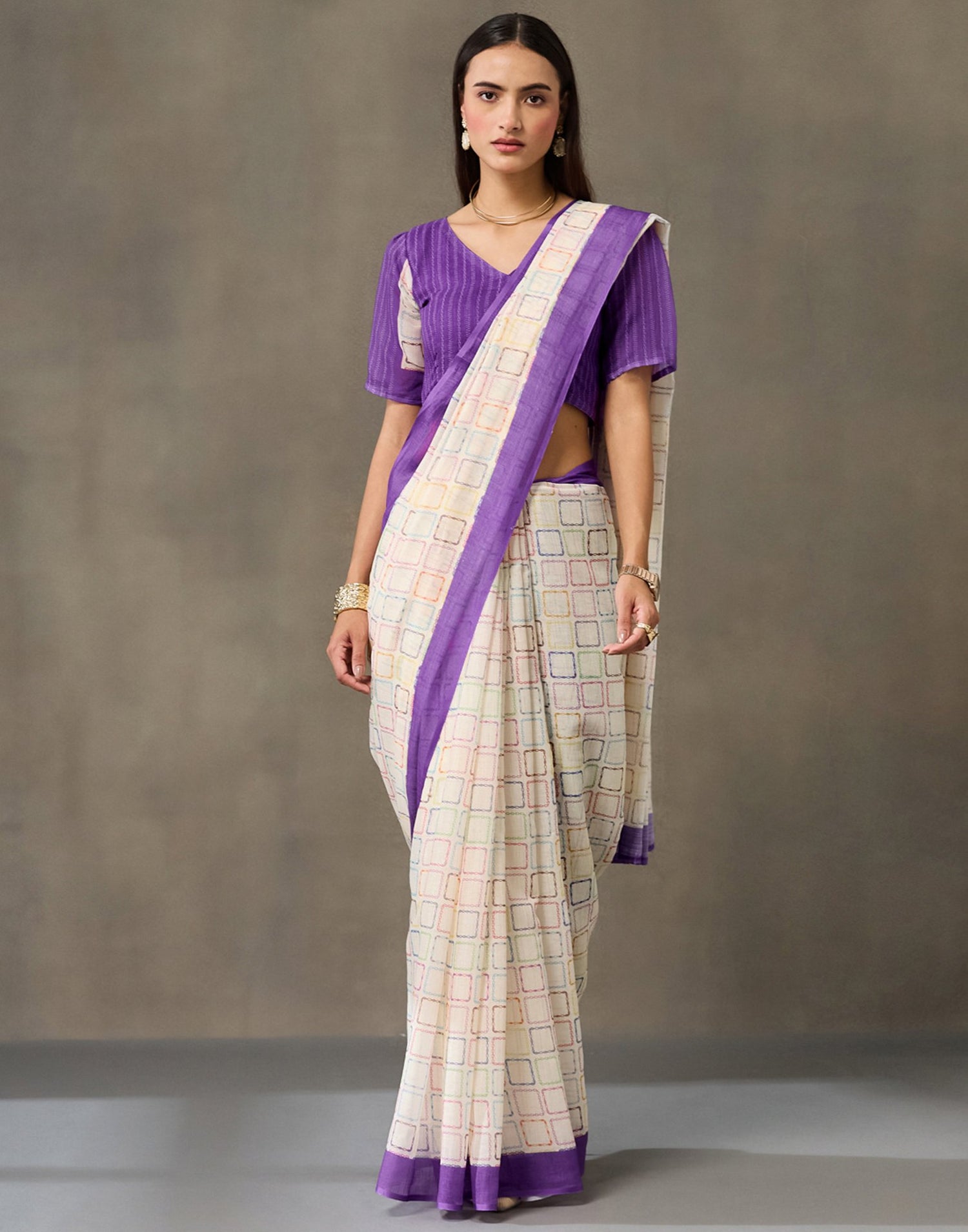 Off White Linen Printed Saree