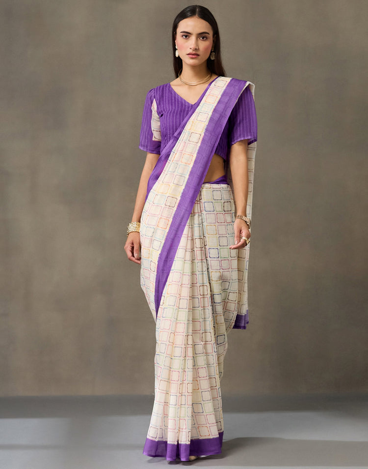 Off White Linen Printed Saree