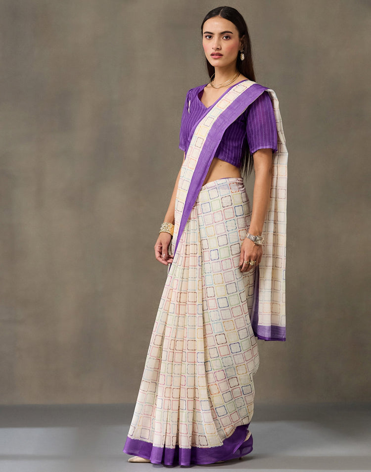 Off White Linen Printed Saree