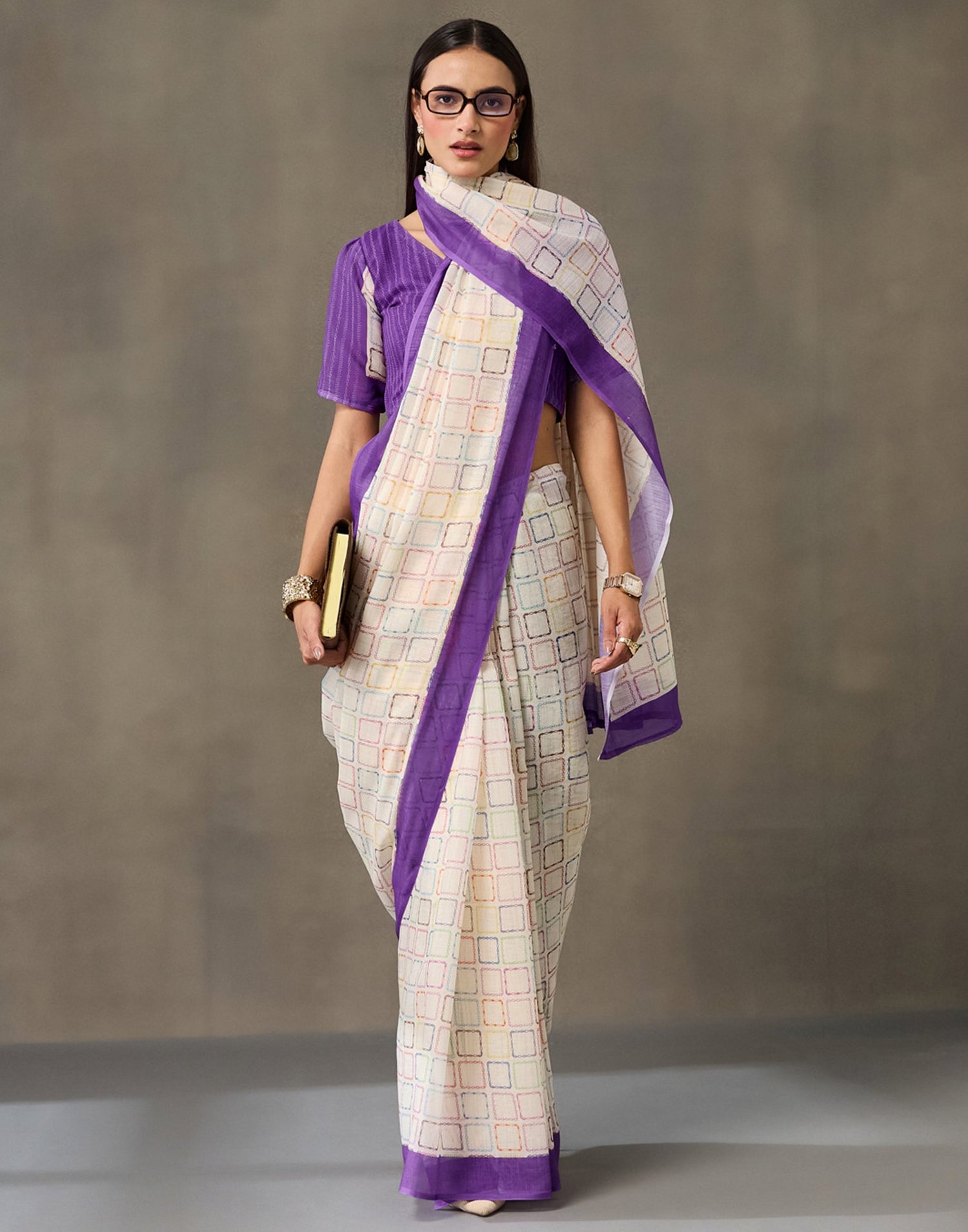 Off White Linen Printed Saree