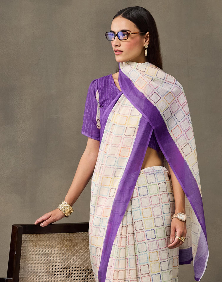 Off White Linen Printed Saree