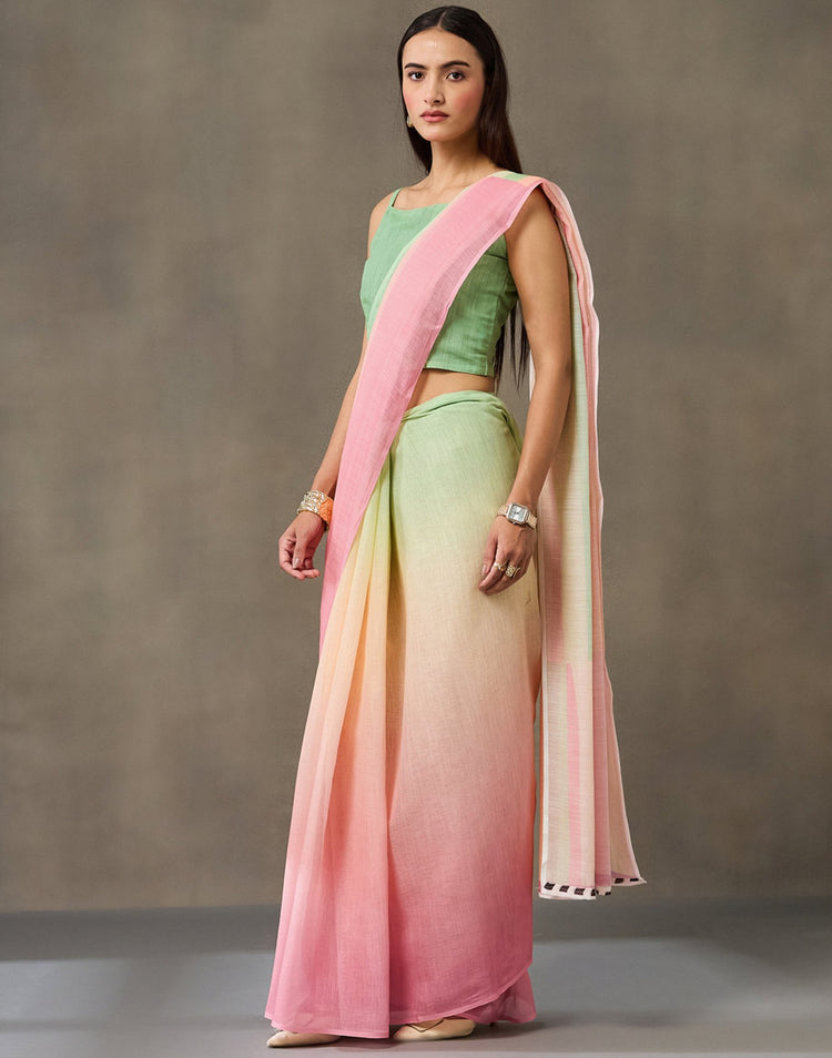 Mint Green Linen Printed Saree