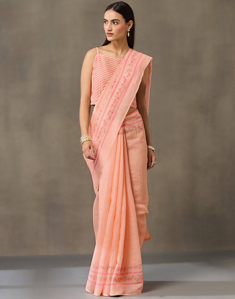 Peach Linen Printed Saree