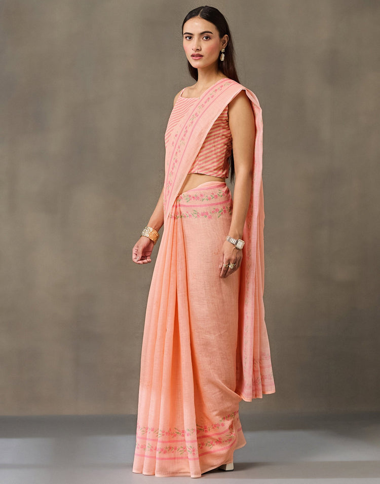Peach Linen Printed Saree