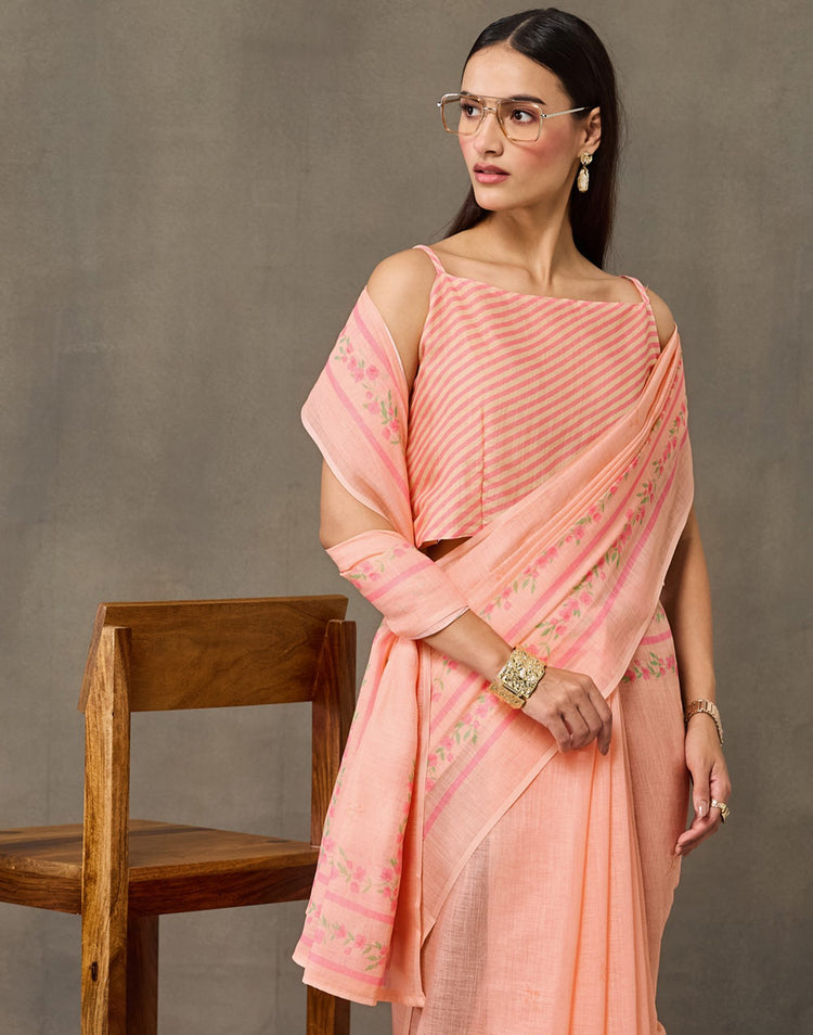 Peach Linen Printed Saree