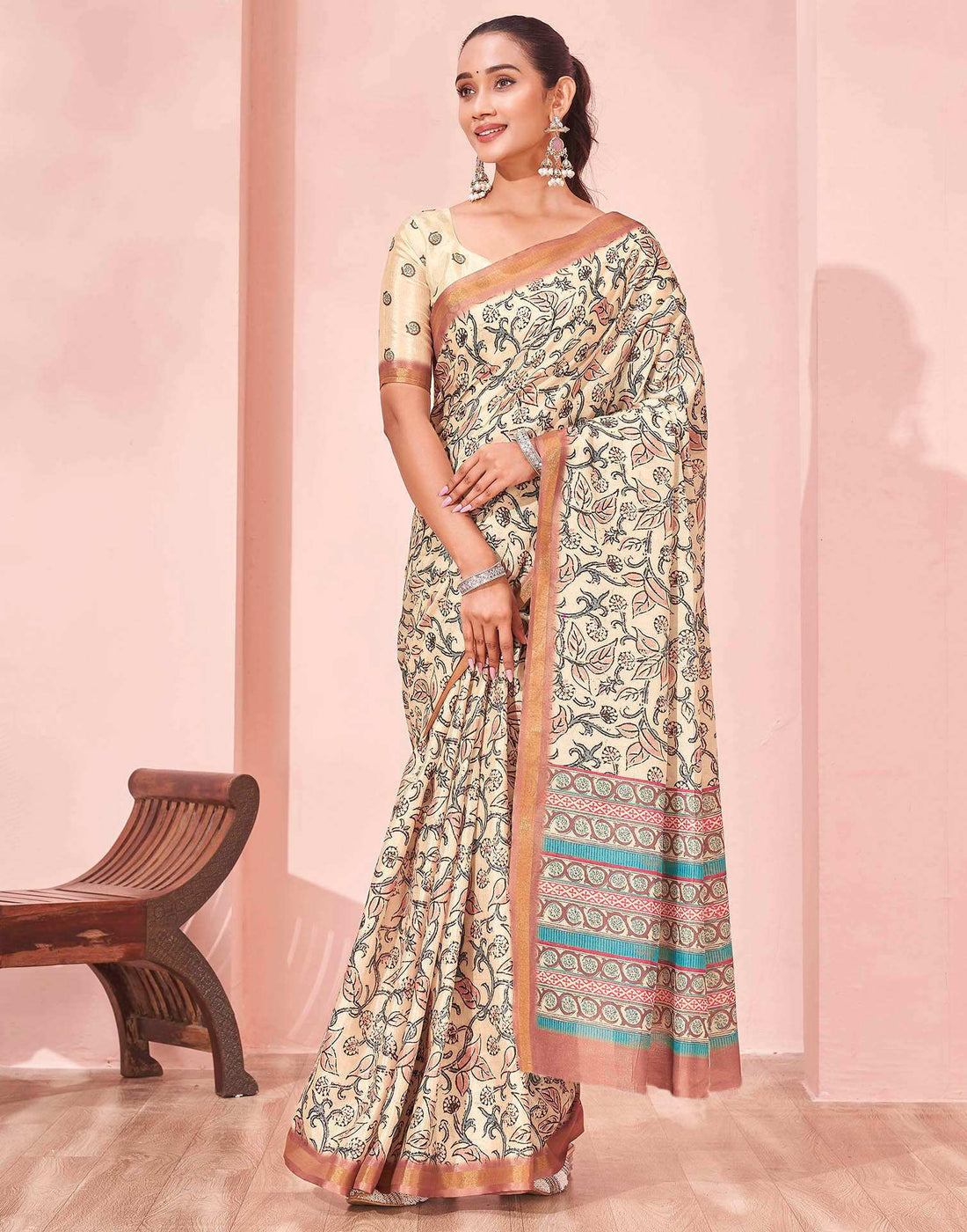 Beige Silk Printed Saree