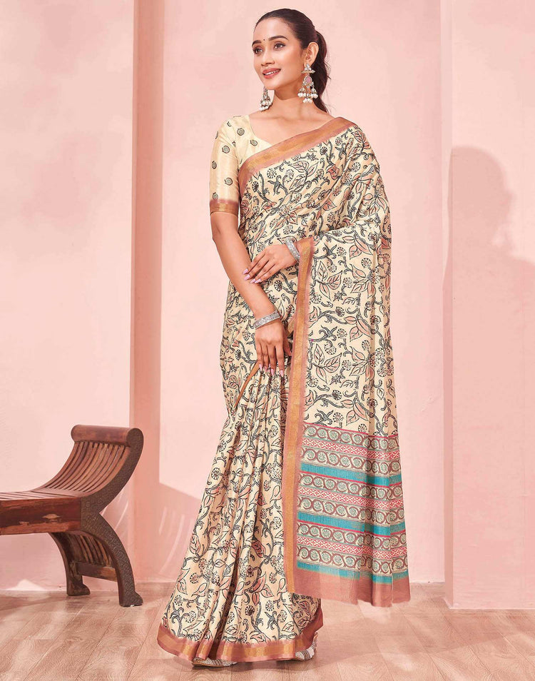 Beige Silk Printed Saree