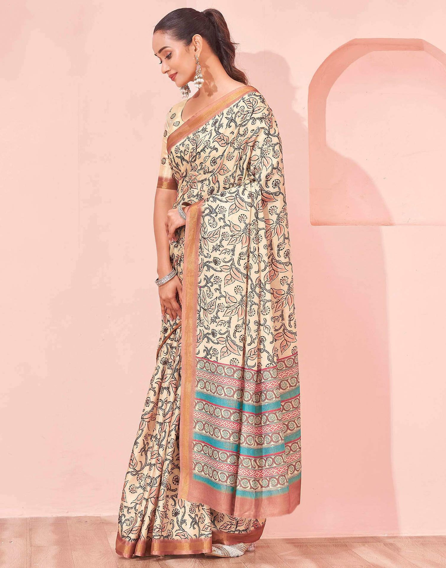 Beige Silk Printed Saree