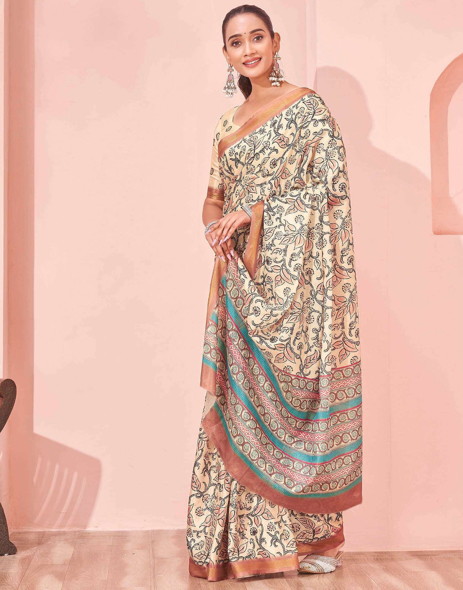 Beige Silk Printed Saree
