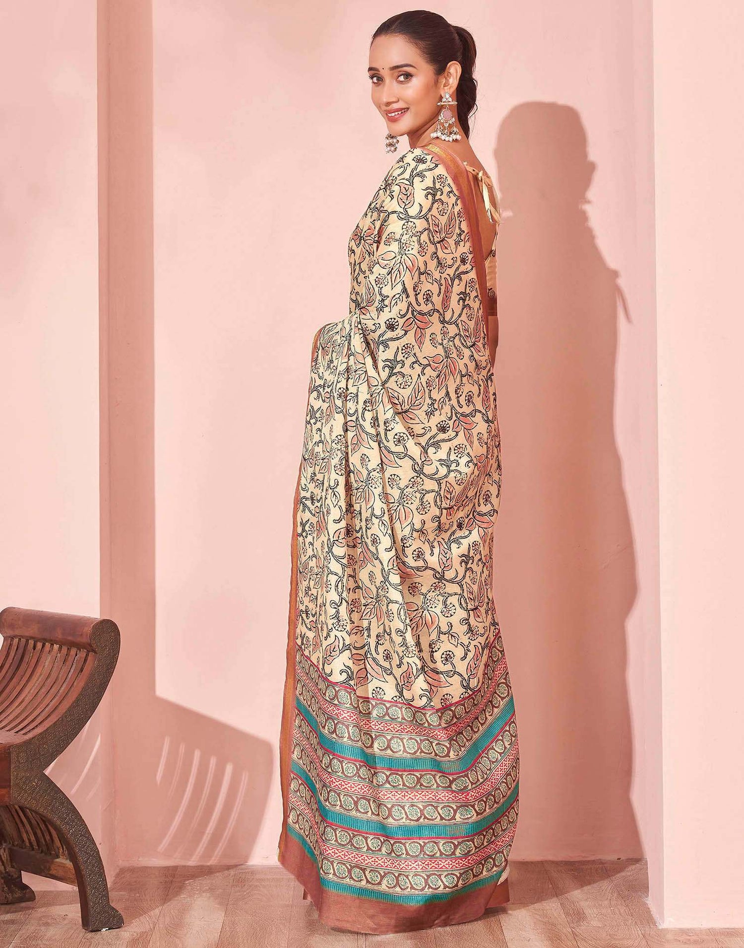 Beige Silk Printed Saree