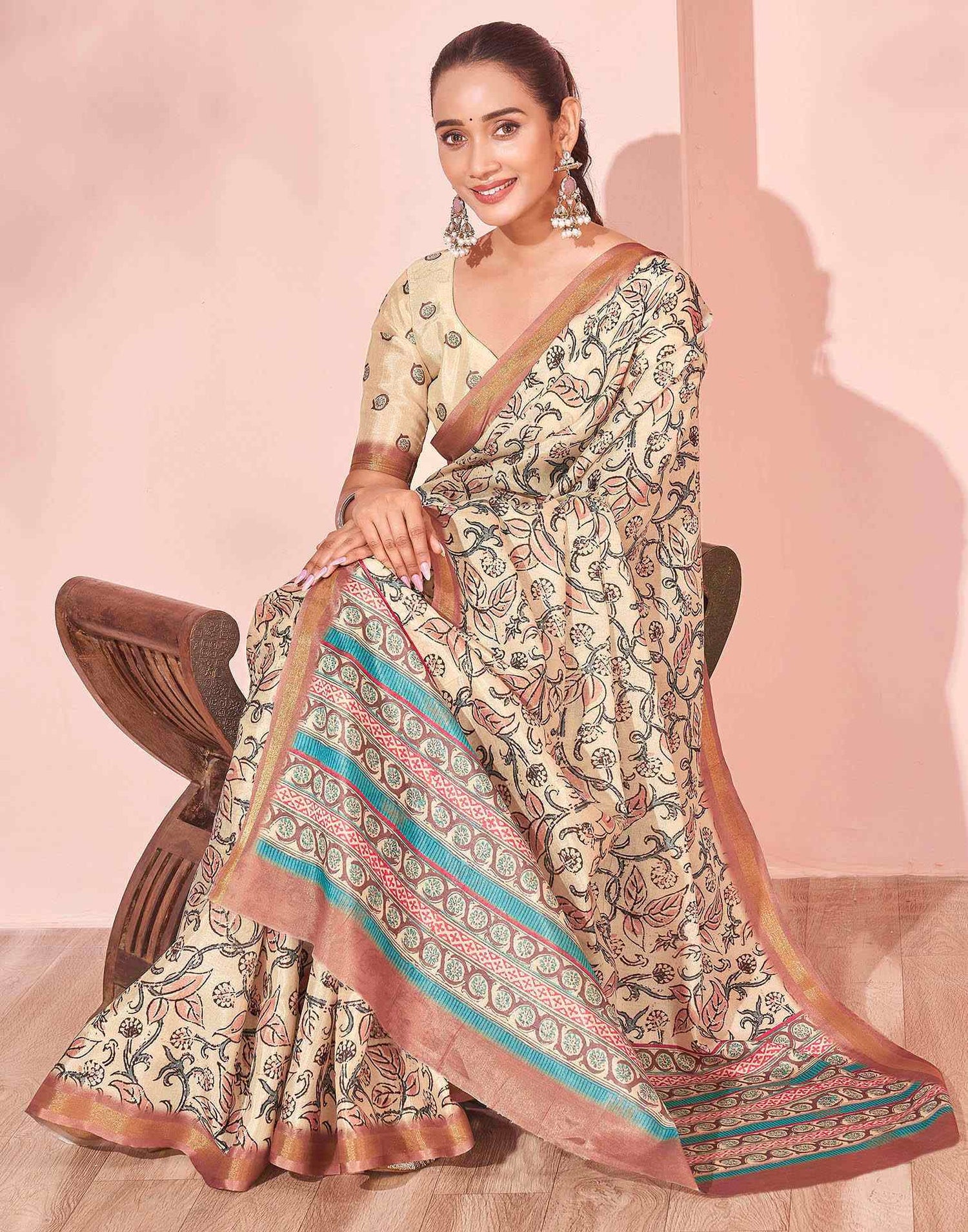 Beige Silk Printed Saree