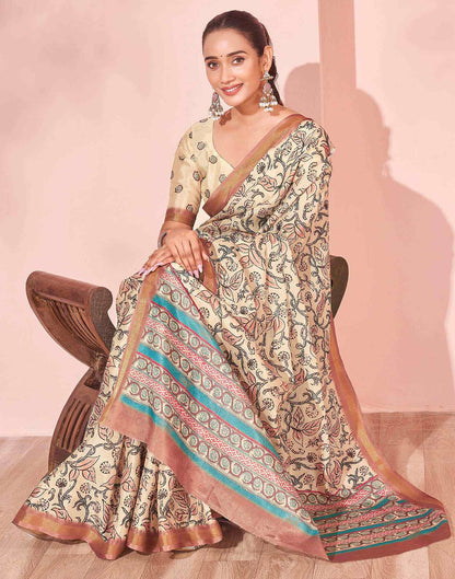 Beige Silk Printed Saree
