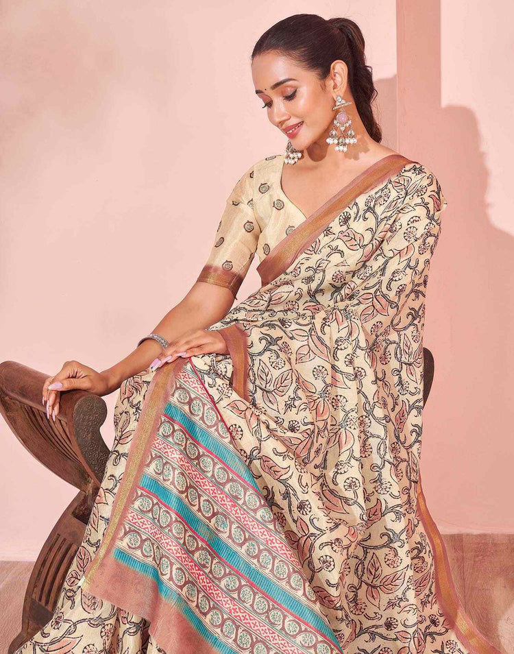 Beige Silk Printed Saree