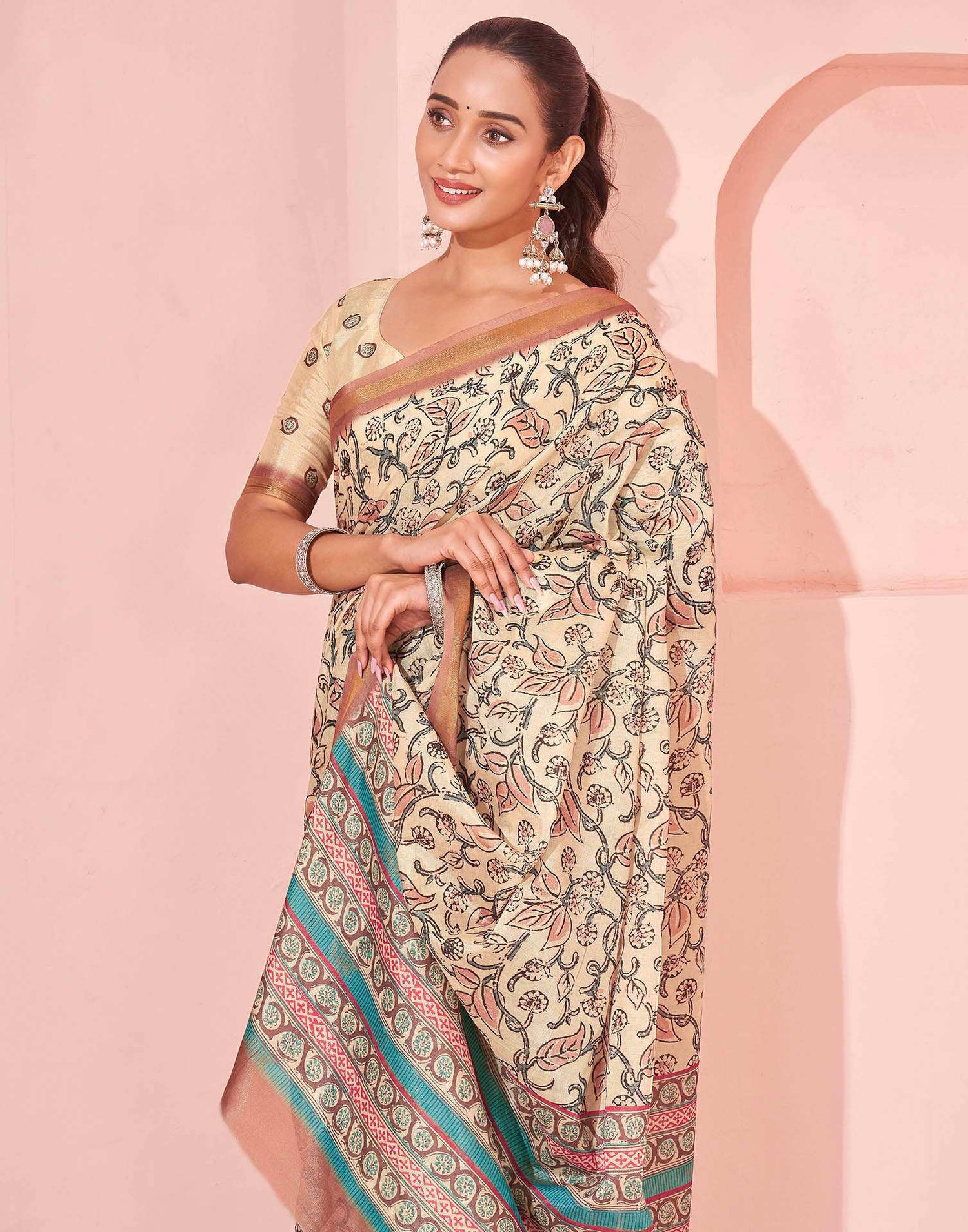 Beige Silk Printed Saree