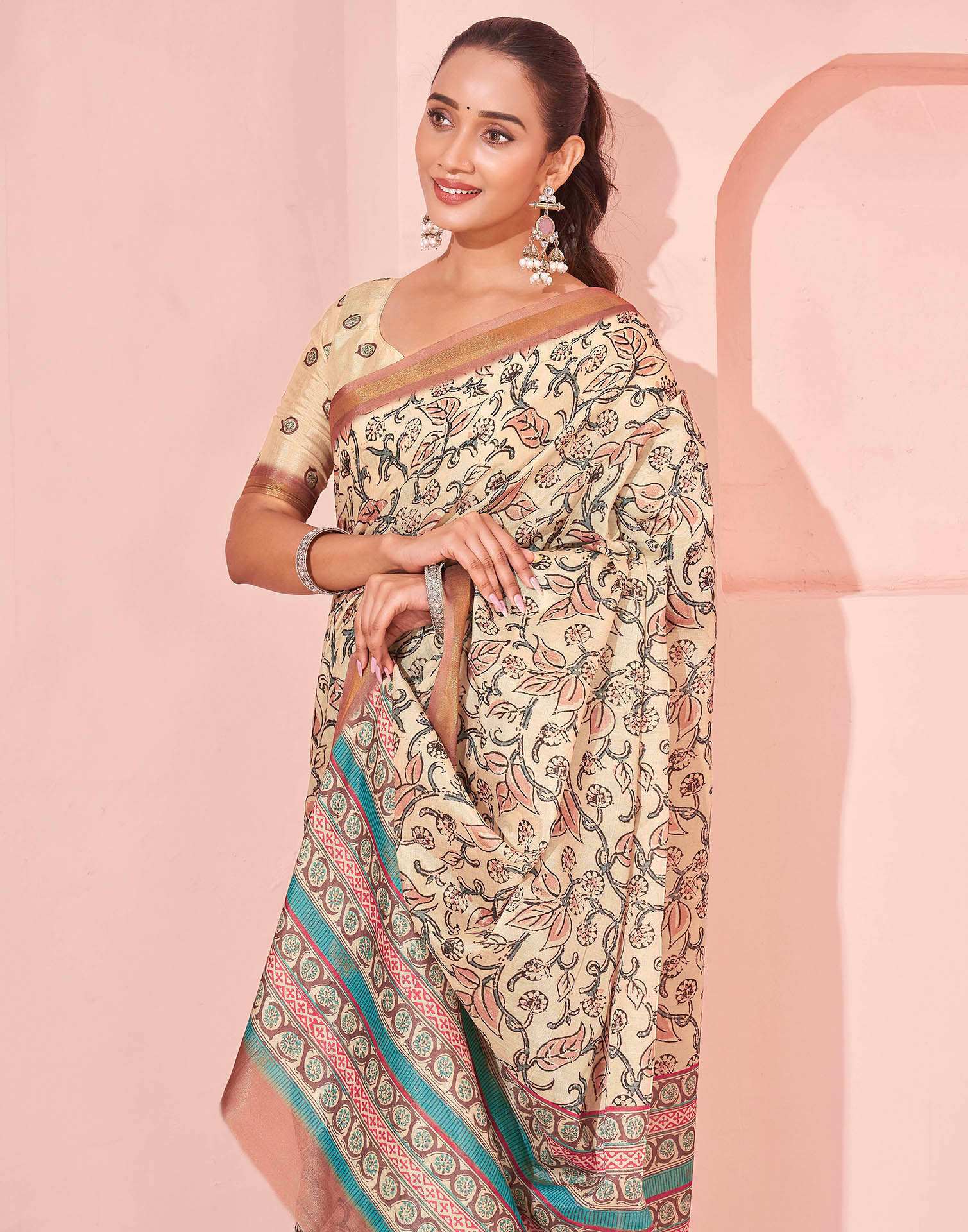 Beige Silk Printed Saree