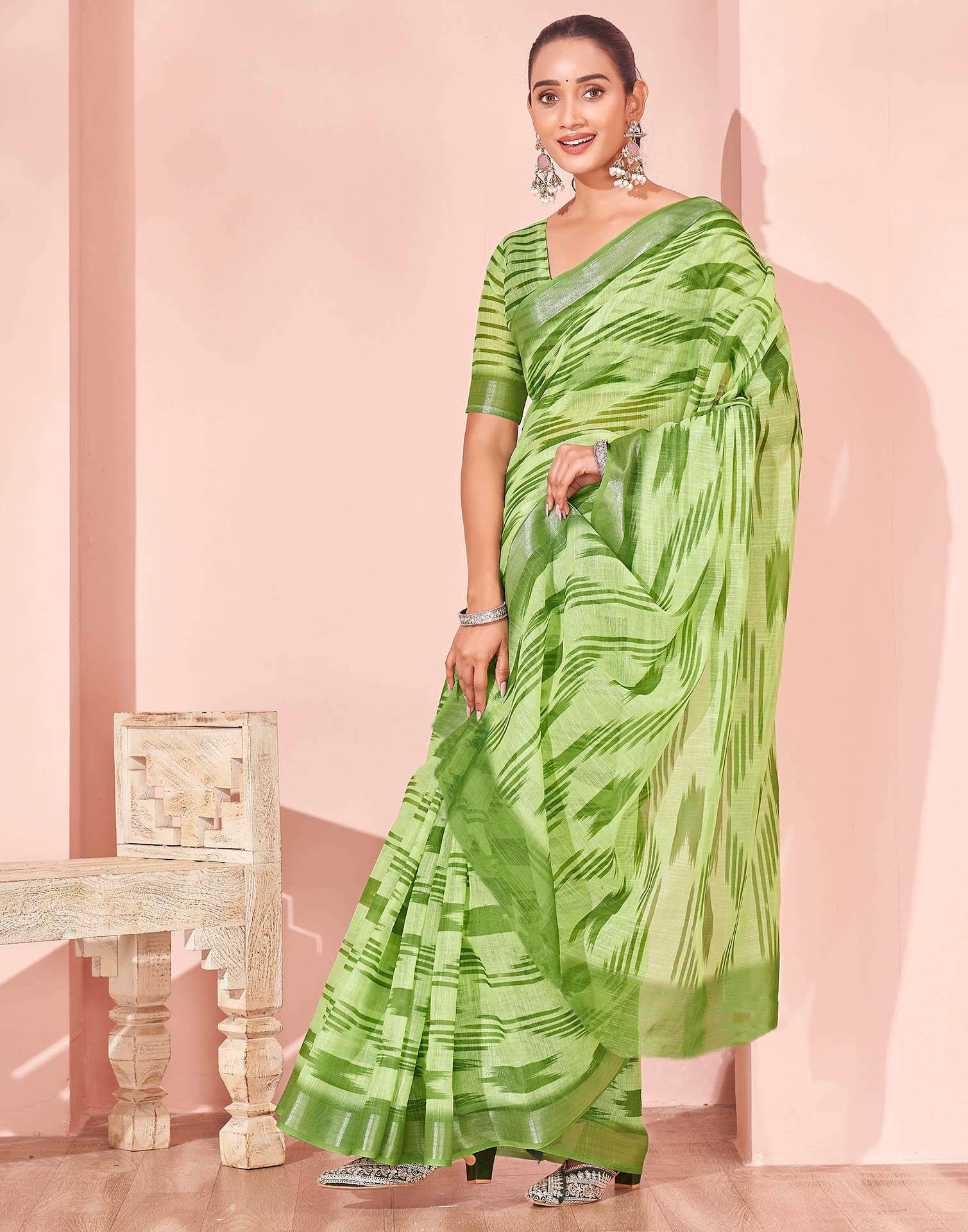 Pista Green Linen Printed Saree