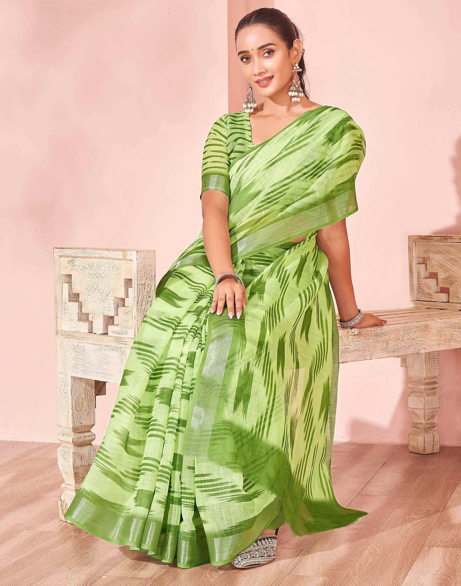 Pista Green Linen Printed Saree