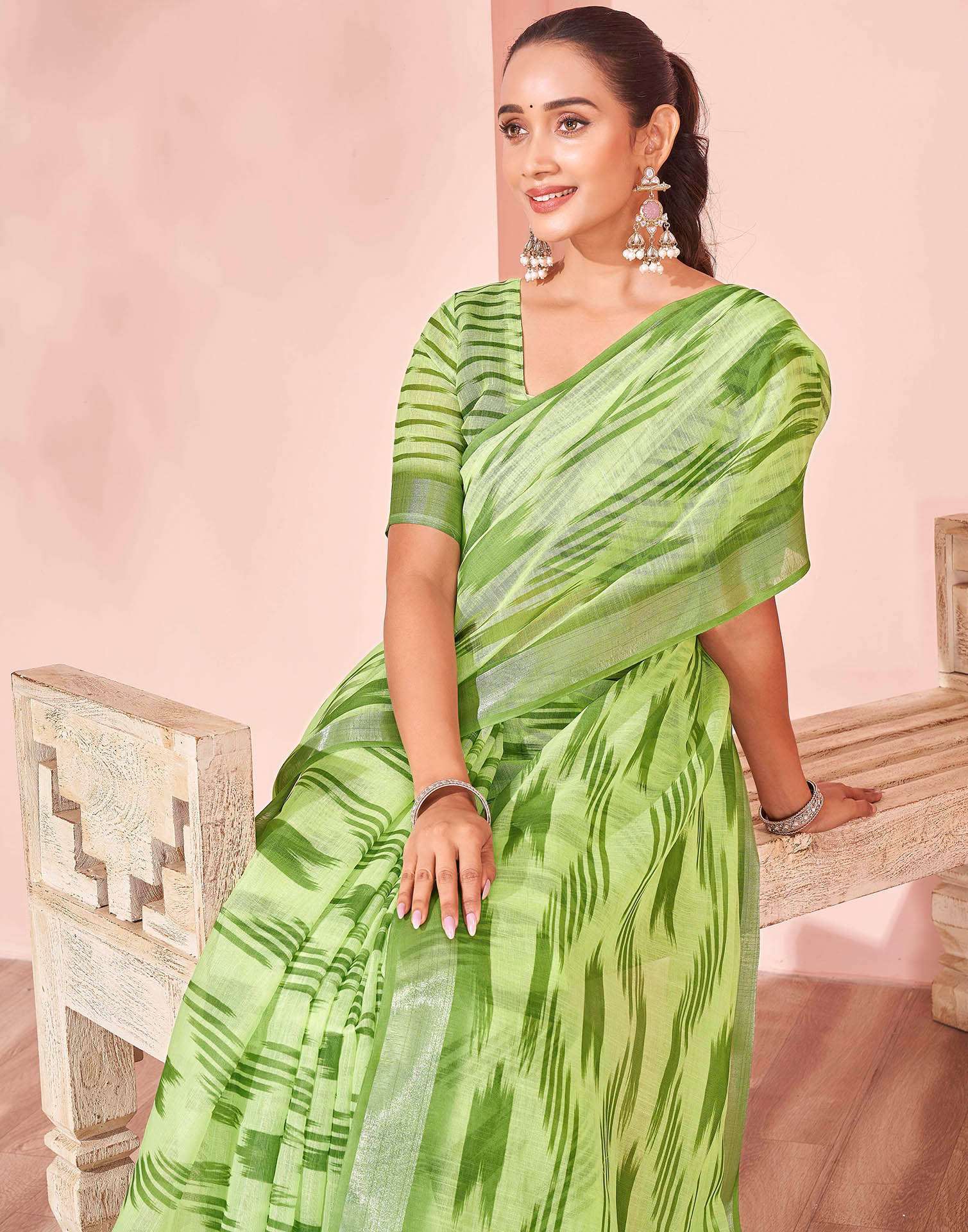 Pista Green Linen Printed Saree