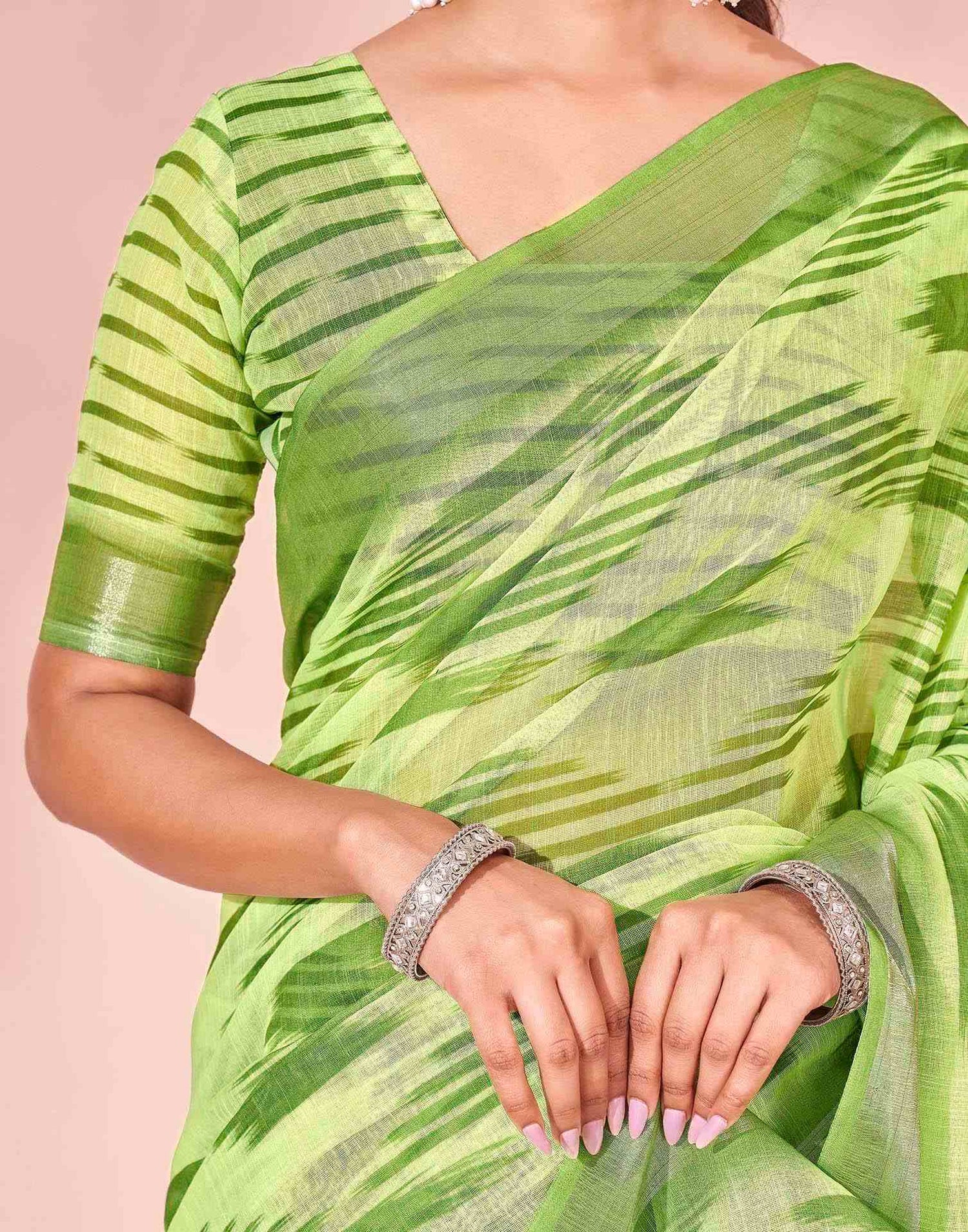 Pista Green Linen Printed Saree