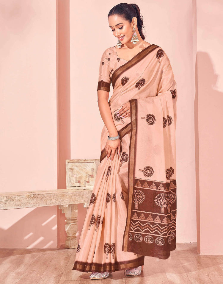 Light Peach Silk Printed Saree