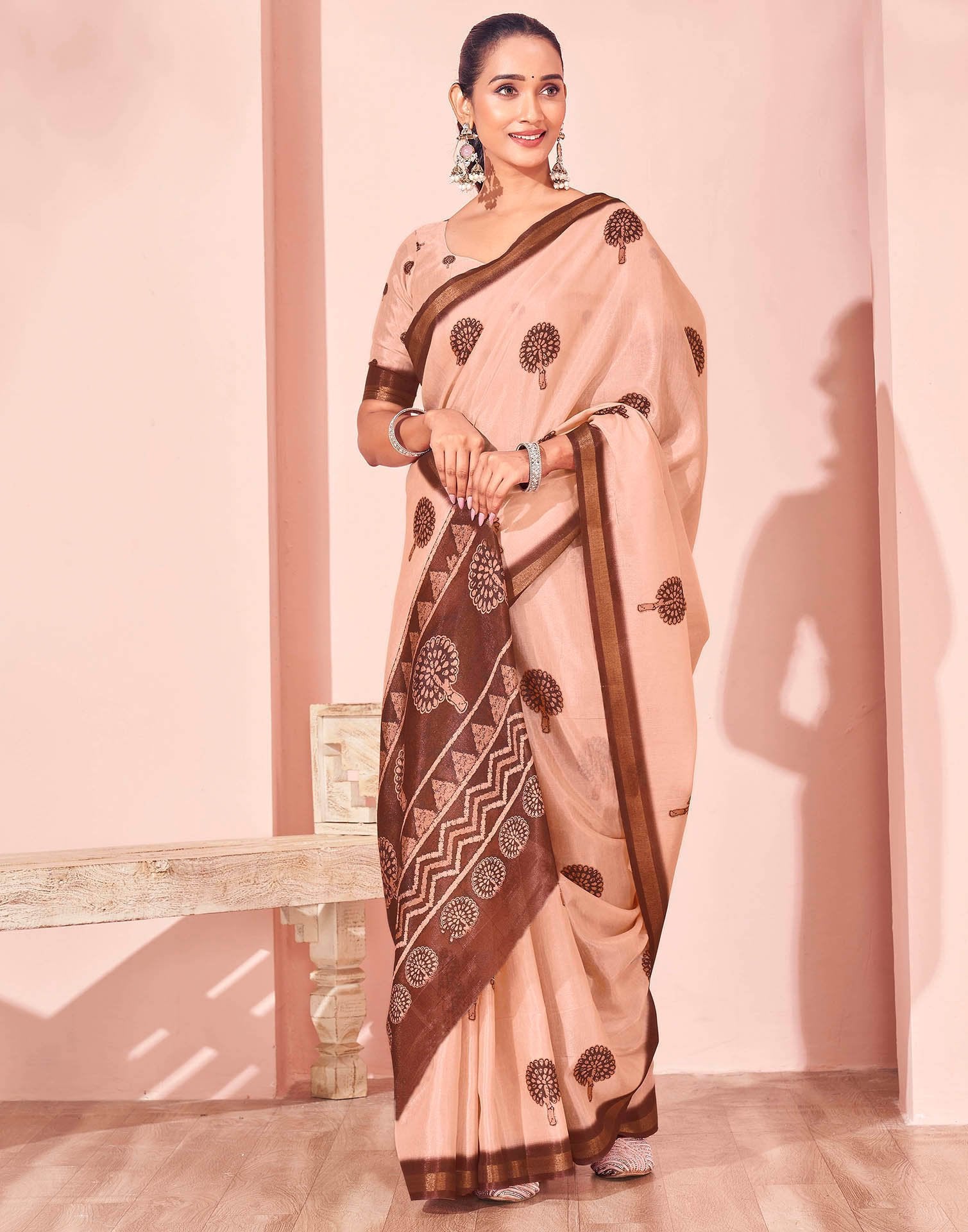 Light Peach Silk Printed Saree