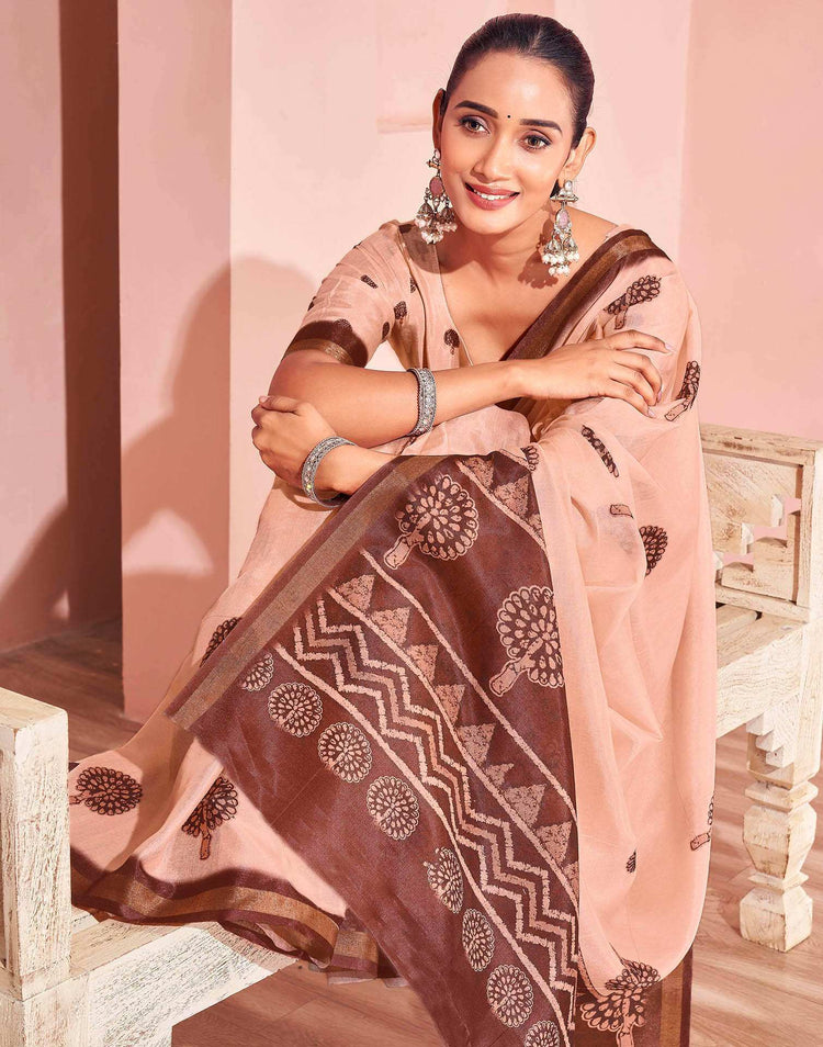 Light Peach Silk Printed Saree