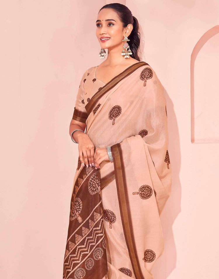 Light Peach Silk Printed Saree