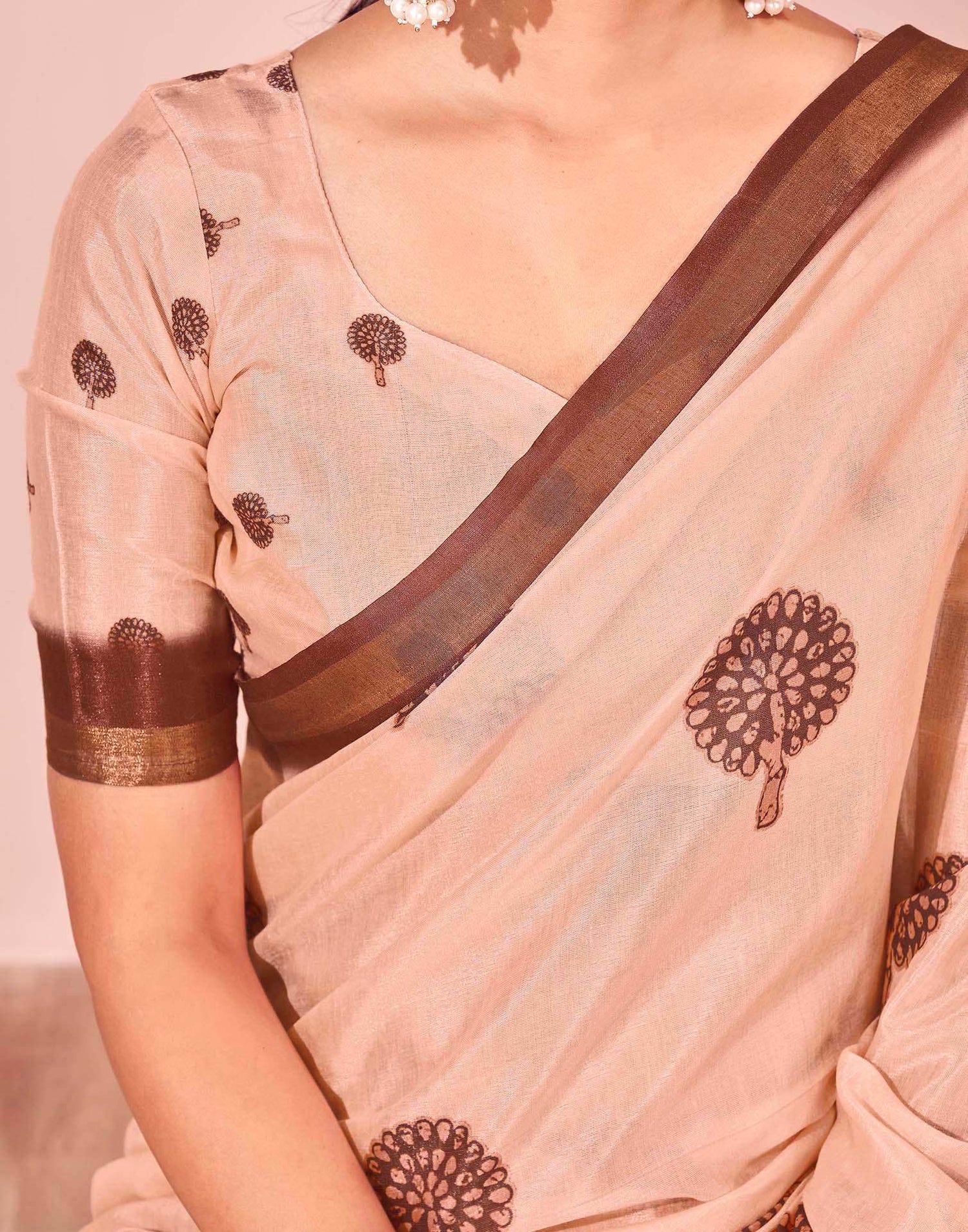 Light Peach Silk Printed Saree