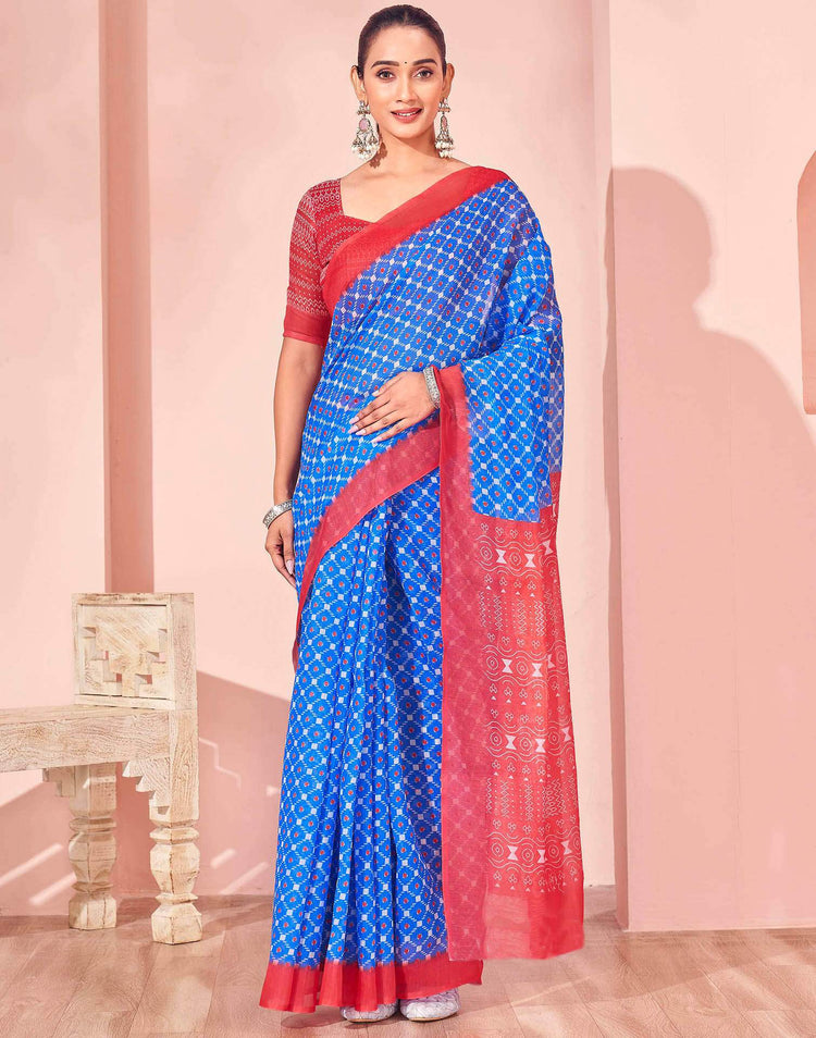 Blue Chanderi Cotton Printed Saree