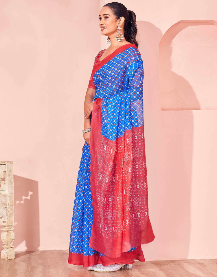 Blue Chanderi Cotton Printed Saree