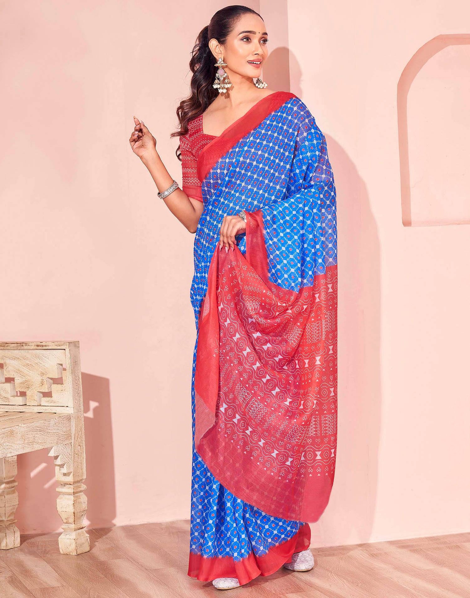 Blue Chanderi Cotton Printed Saree