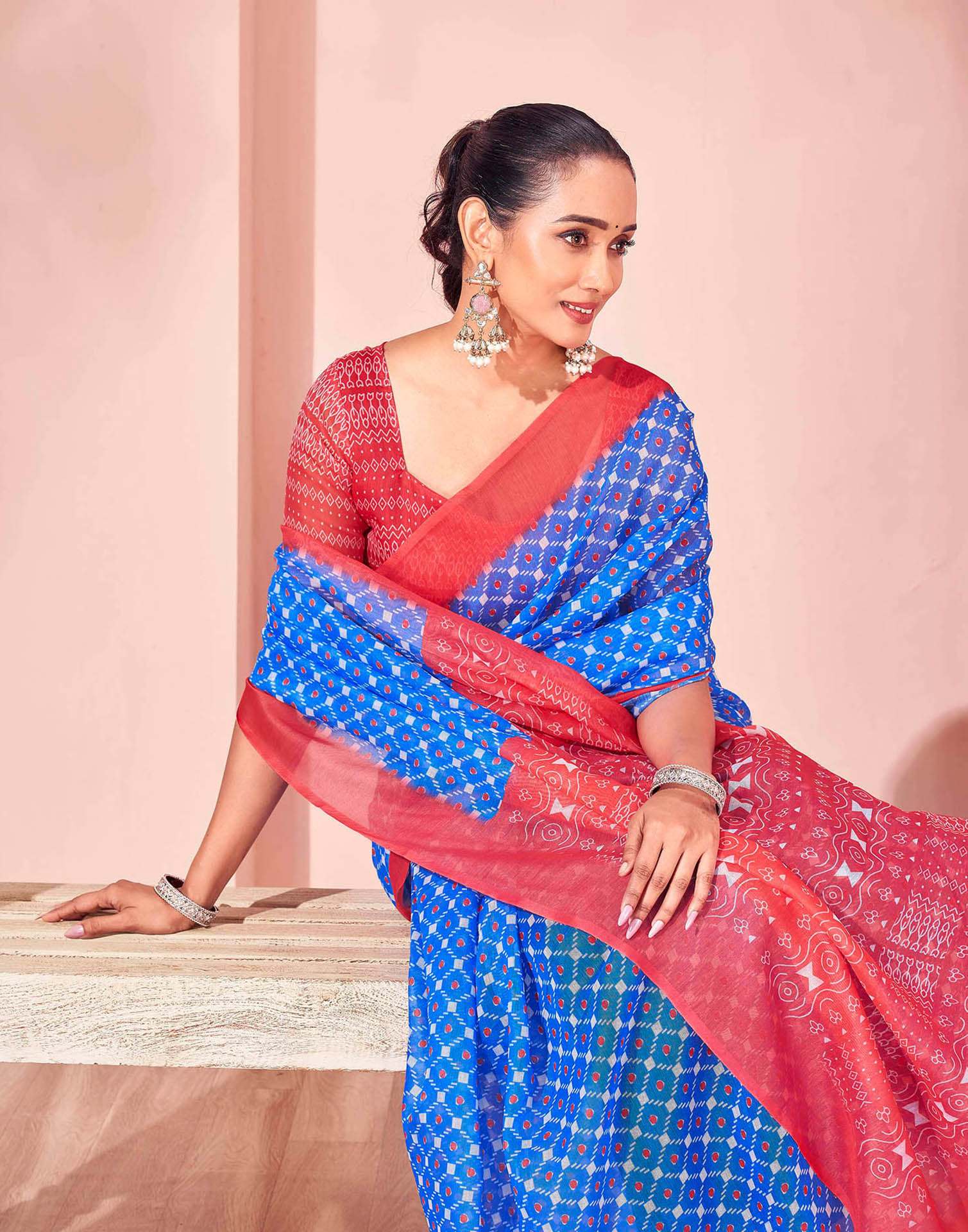 Blue Chanderi Cotton Printed Saree