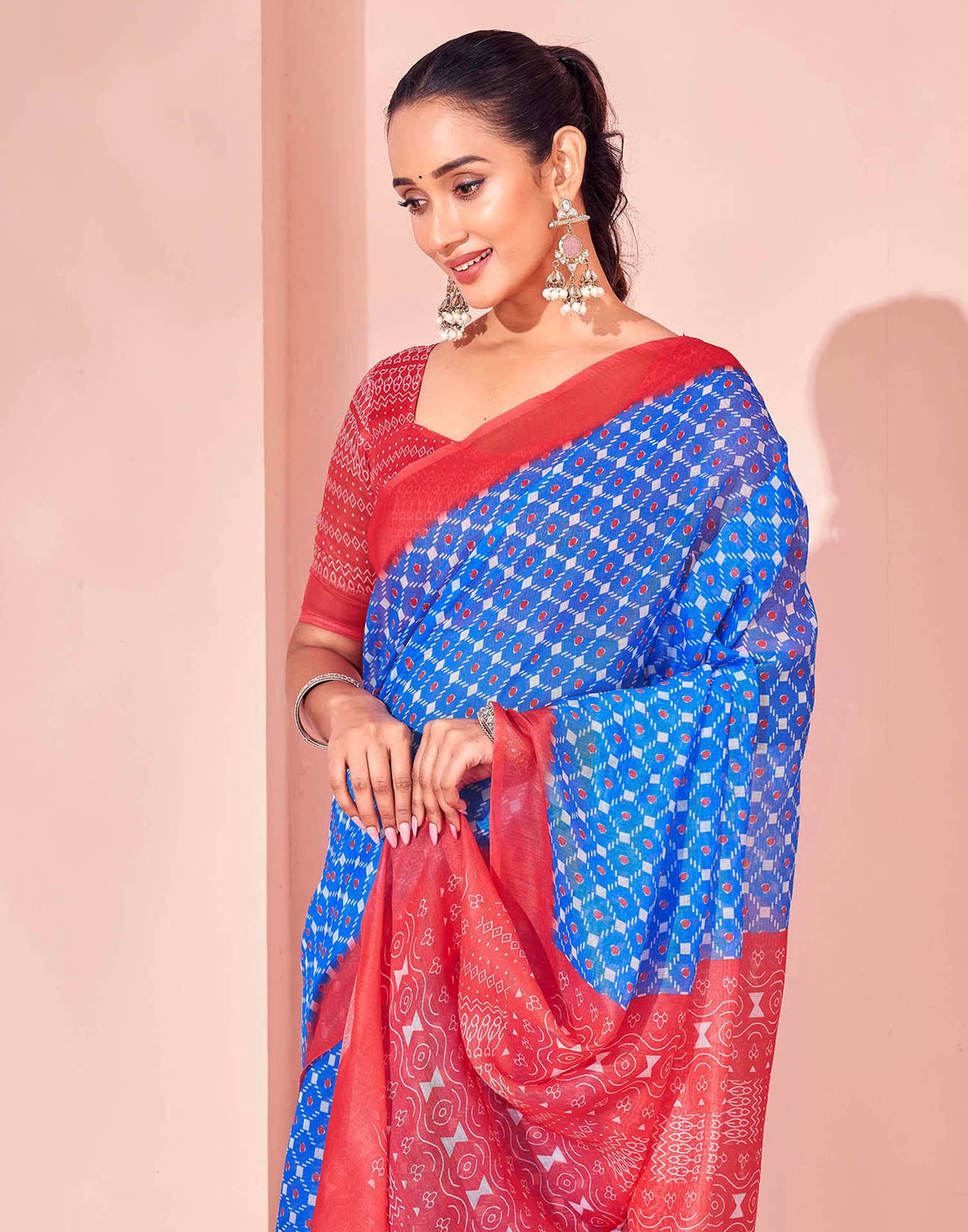 Blue Chanderi Cotton Printed Saree