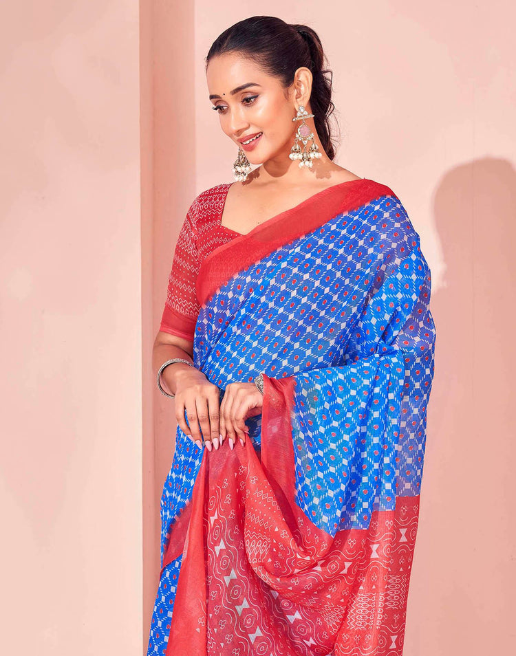 Blue Chanderi Cotton Printed Saree