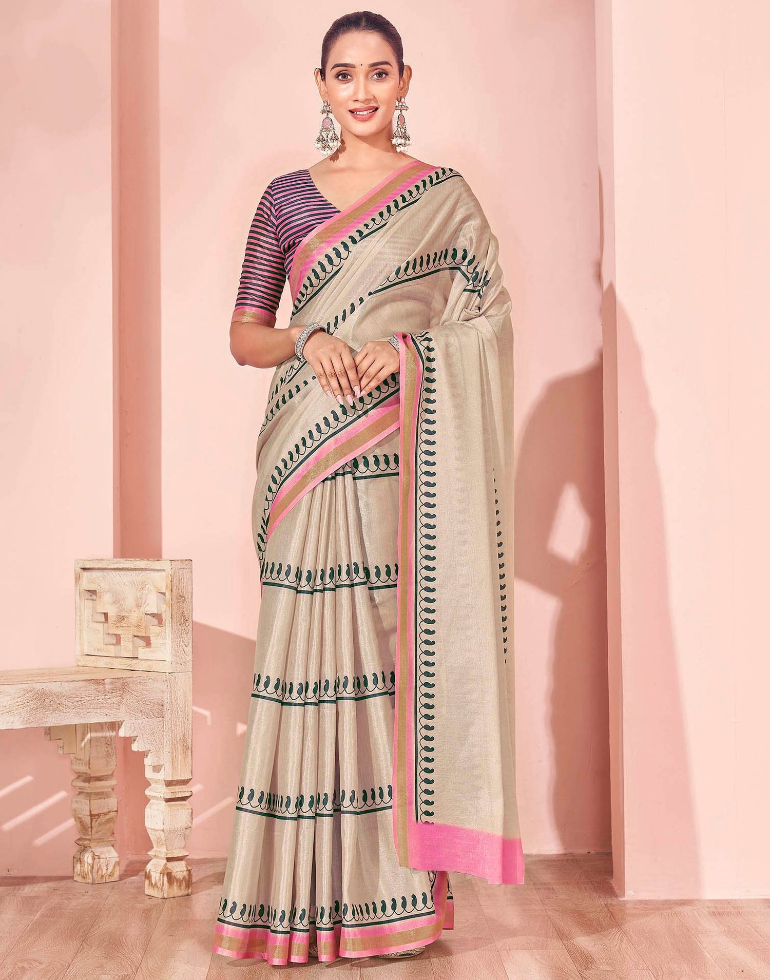 Beige Silk Printed Saree