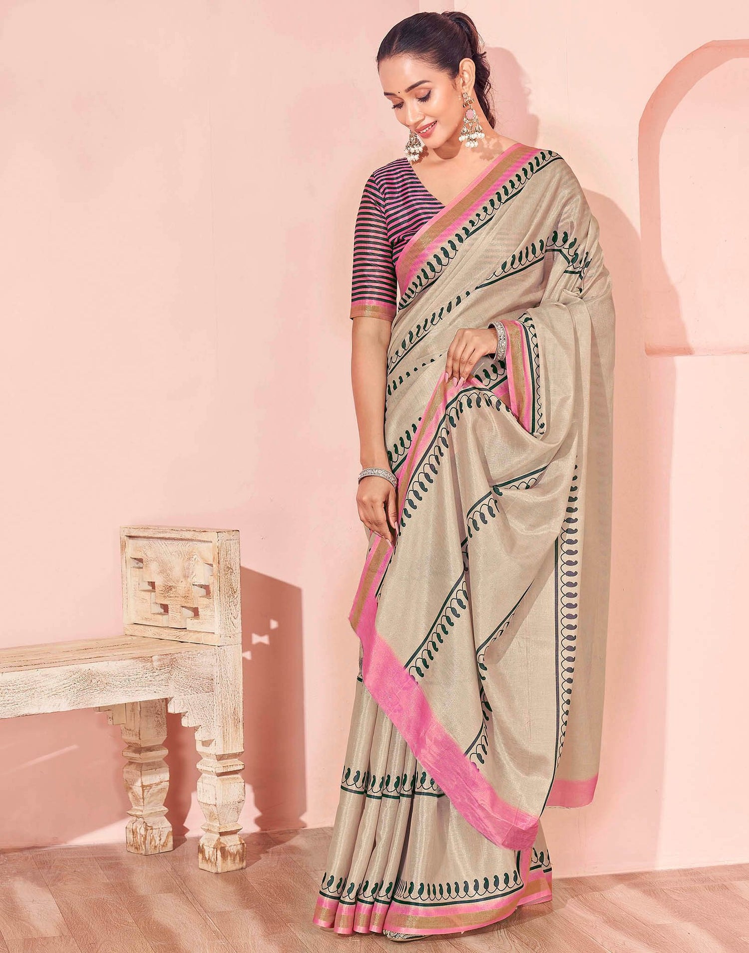 Beige Silk Printed Saree