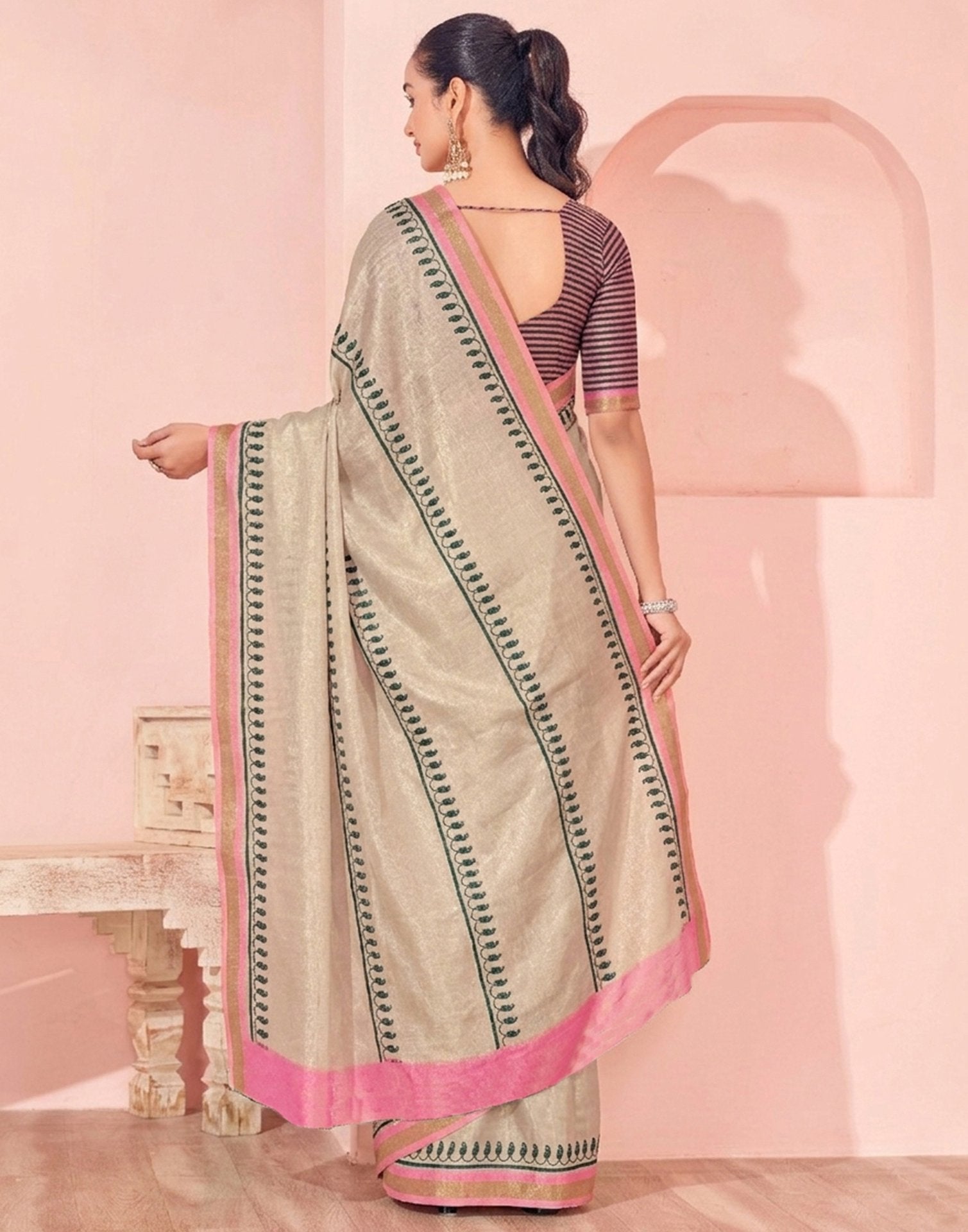 Beige Silk Printed Saree