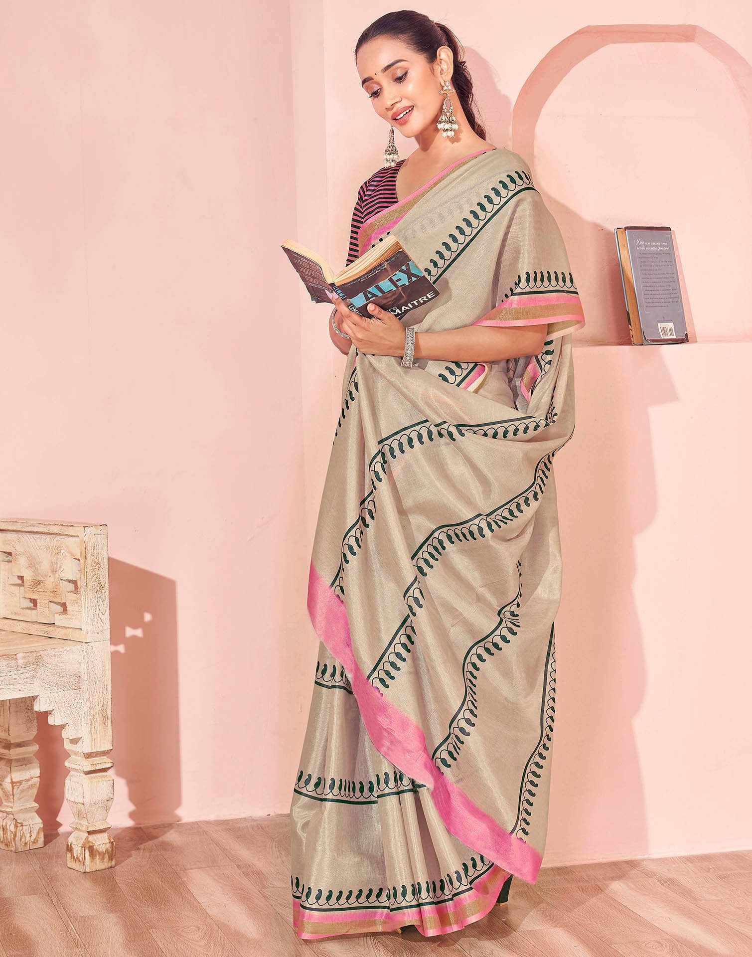 Beige Silk Printed Saree