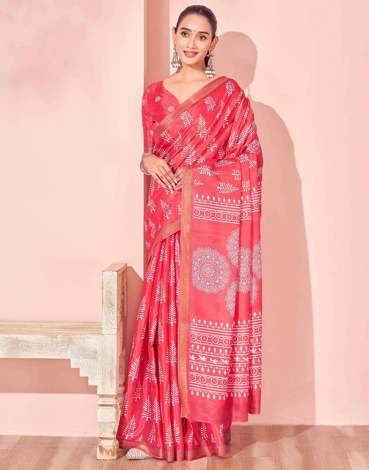 Coral Pink Silk Printed Saree