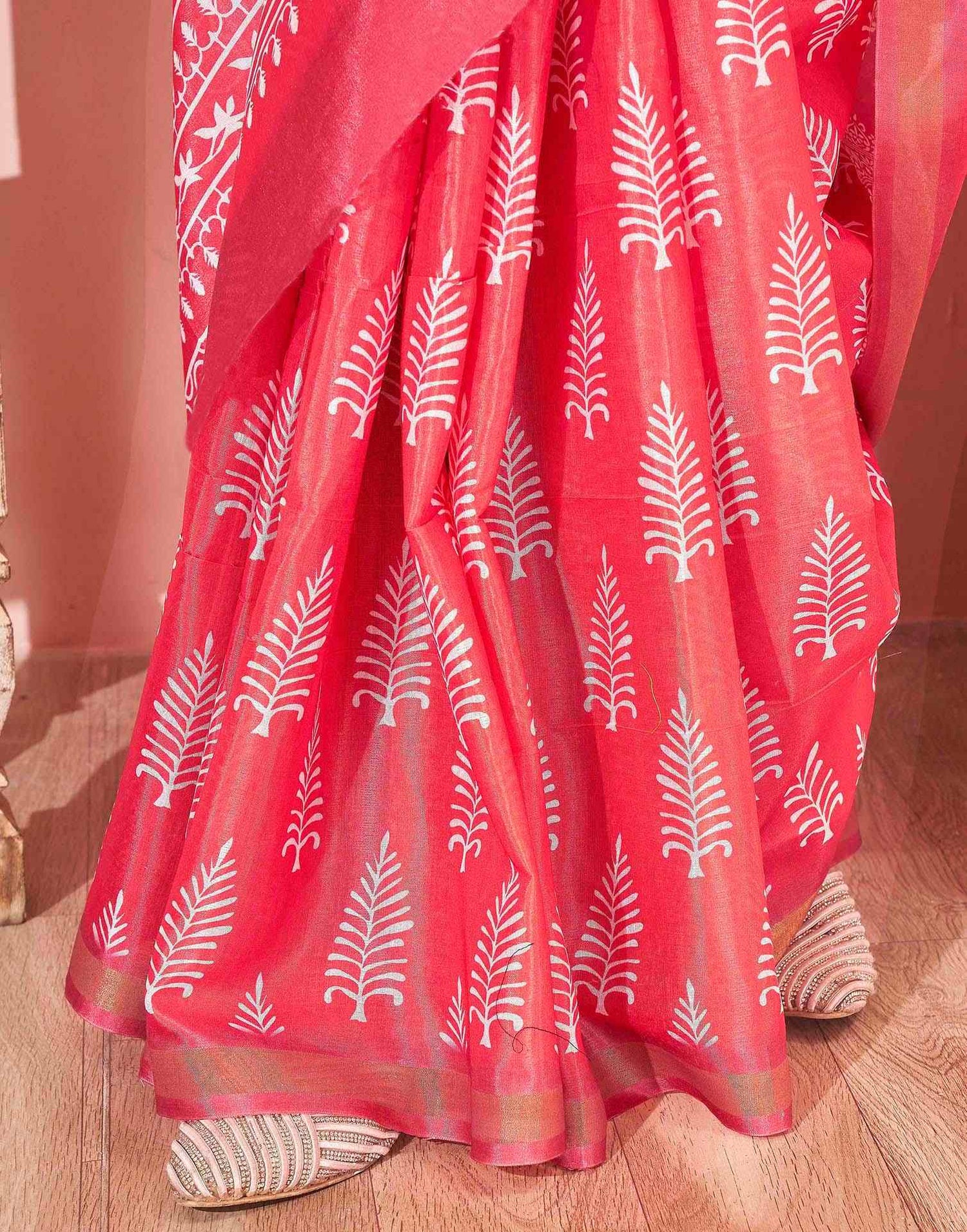Coral Pink Silk Printed Saree