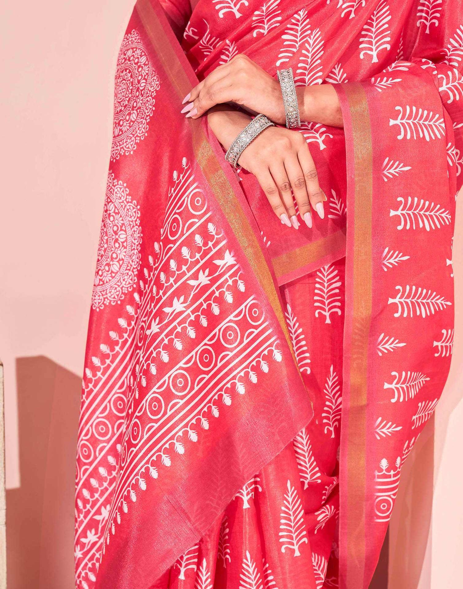 Coral Pink Silk Printed Saree