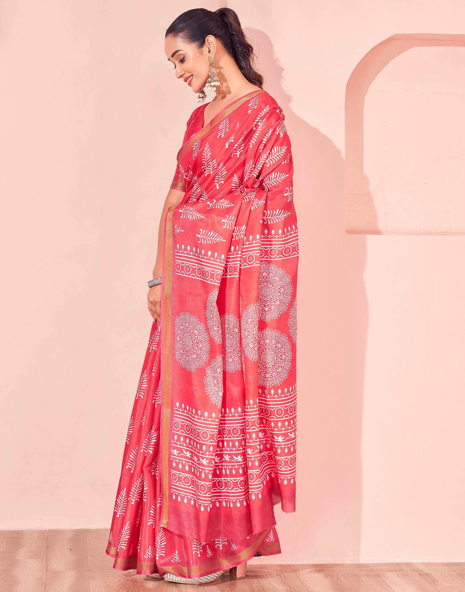 Coral Pink Silk Printed Saree