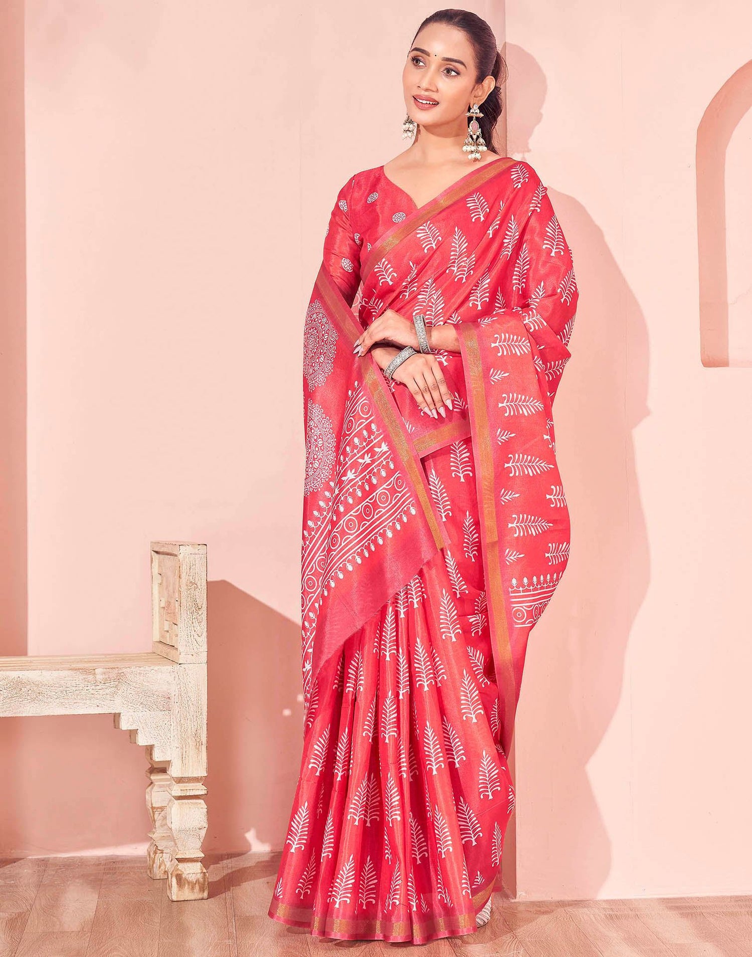 Coral Pink Silk Printed Saree