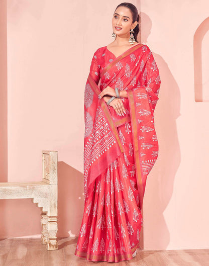 Coral Pink Silk Printed Saree