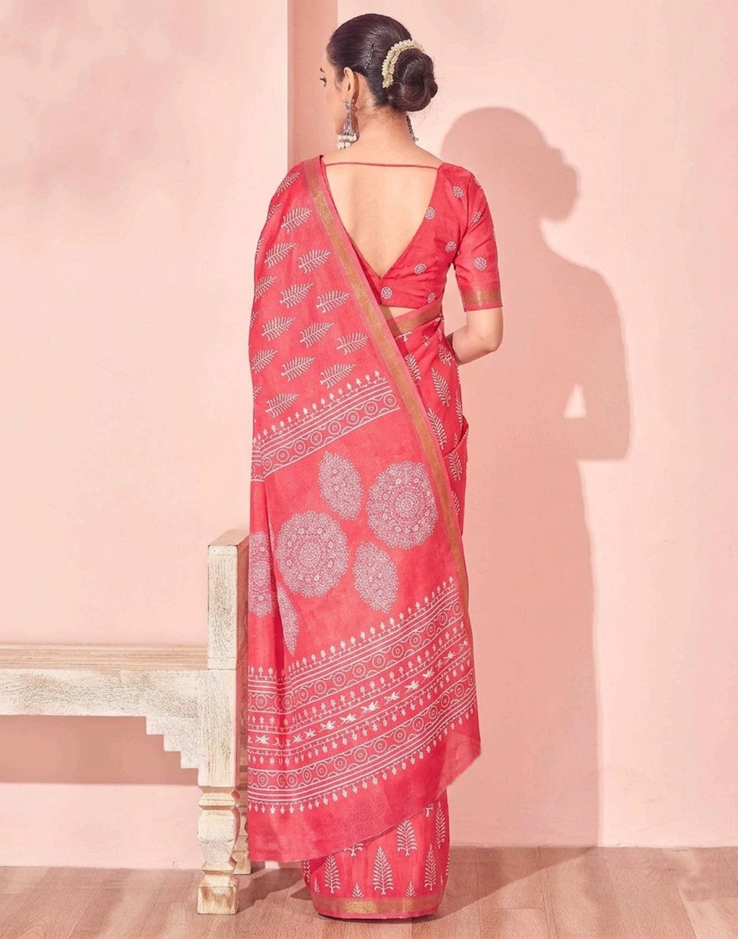 Coral Pink Silk Printed Saree