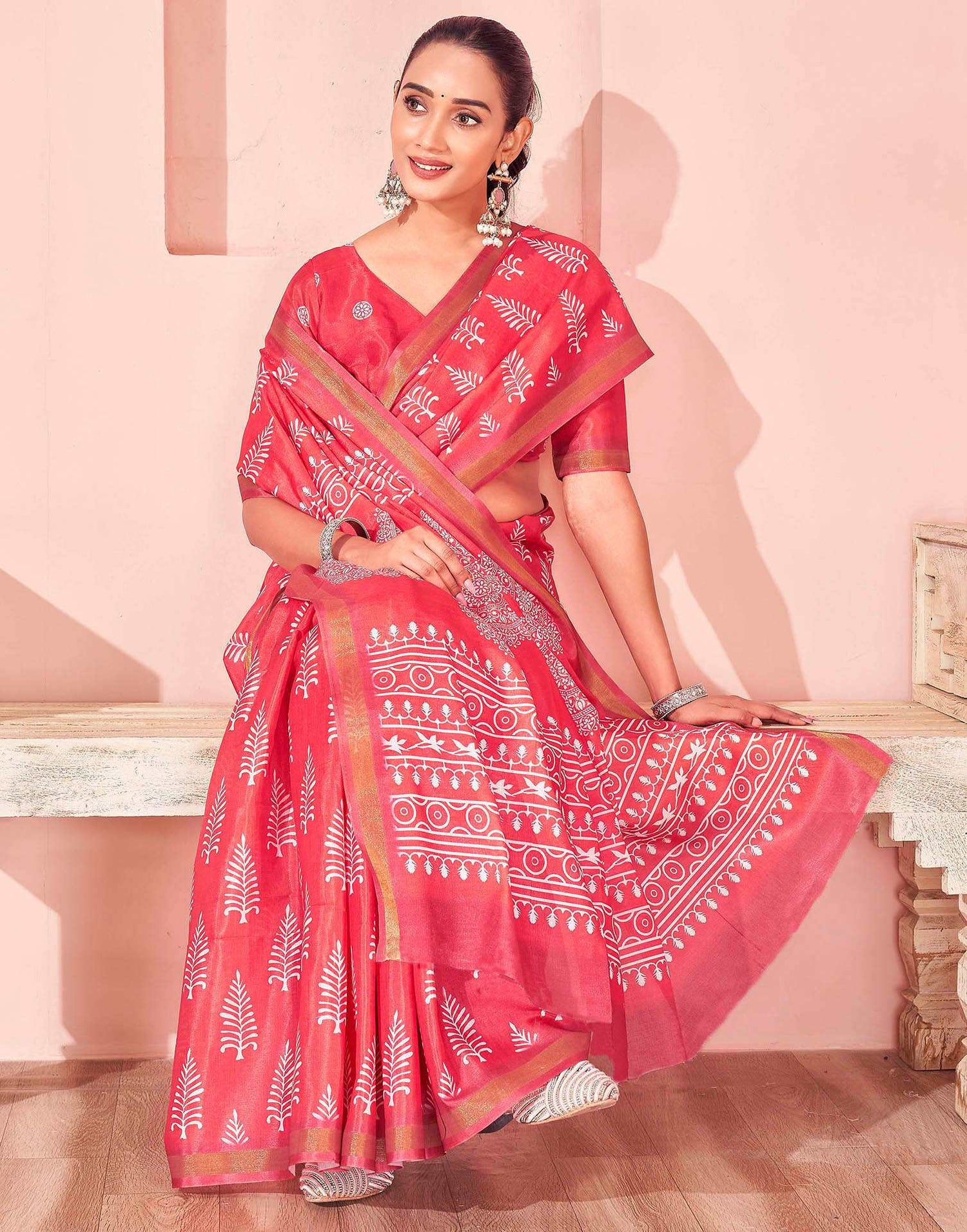 Coral Pink Silk Printed Saree