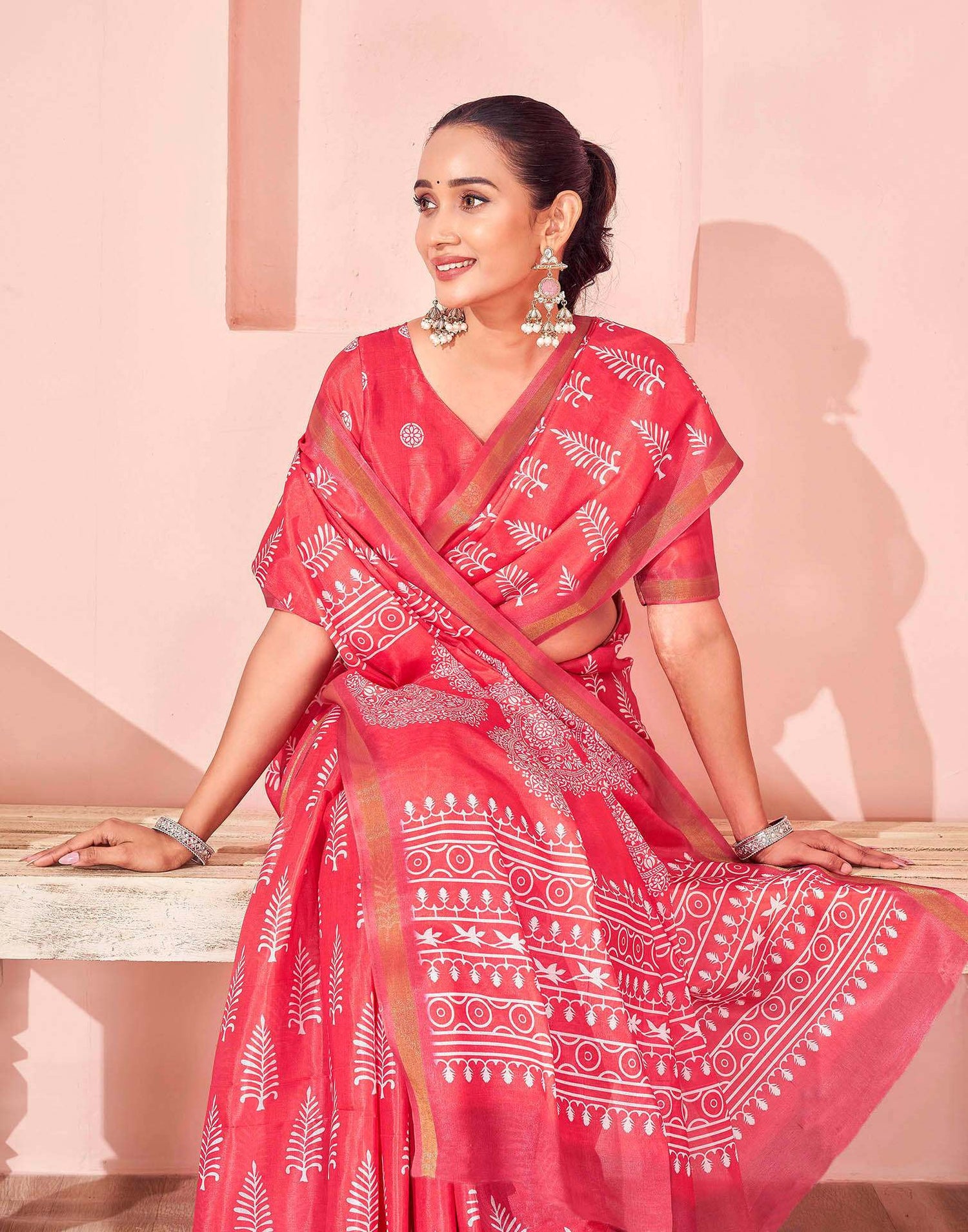 Coral Pink Silk Printed Saree