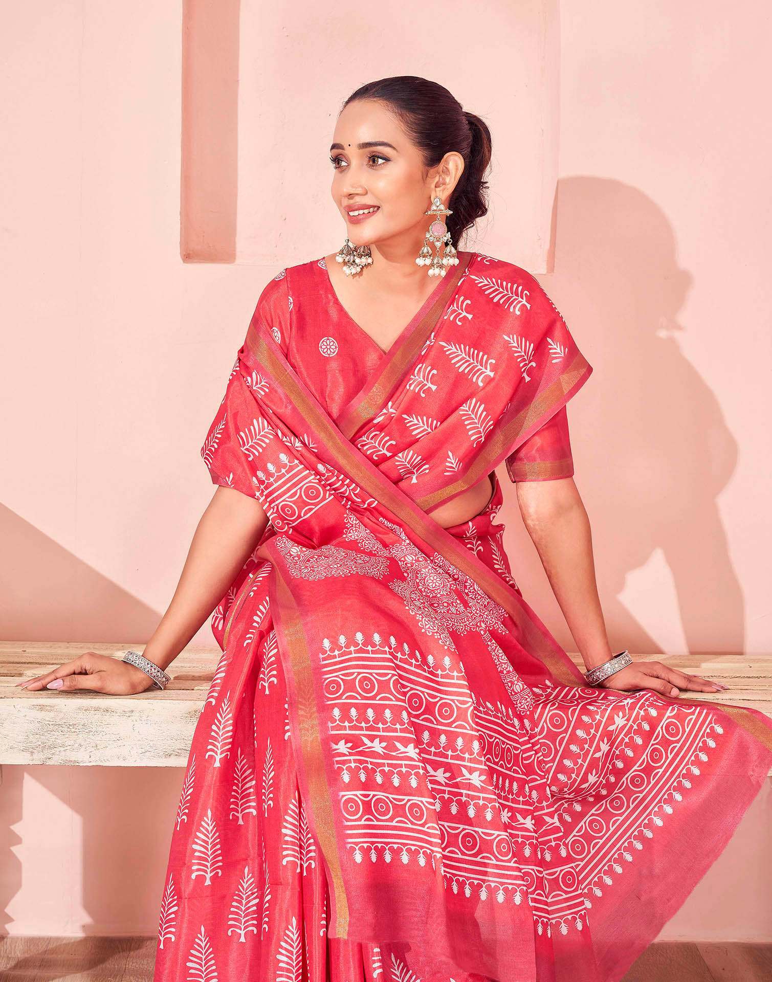 Coral Pink Silk Printed Saree