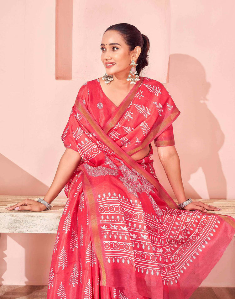 Coral Pink Silk Printed Saree